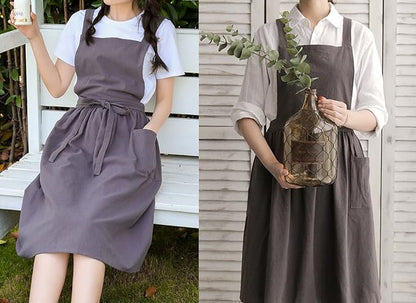 Cute Retro Cotton Linen X-Back Aprons Home Kitchen Garden Art Painting Pinafore Florist Shop Overalls