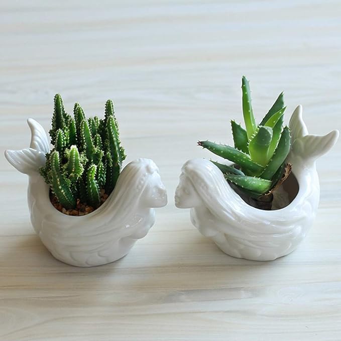 Cute Mermaid Succulent Planter Pot with Drainage Tray, White Ceramic Cactus Flower Container, Small Unique Indoor Air Plants Holder