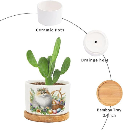 DreamAutumn Watercolor Easter Cat Ceramic Flower Pots,Gardening Plant Pot with Drainage Holes and Saucers Round Ceramic Pots for Indoor Plants Succulent Herbs Cactus Pots for Dad Papa Grandpa