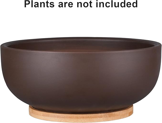 10 Inch Terracotta Planter, Large Succulent Bonsai Planter Pot with Drainage Hole and Bamboo Saucer for Indoor Plants, Brown