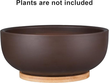 10 Inch Terracotta Planter, Large Succulent Bonsai Planter Pot with Drainage Hole and Bamboo Saucer for Indoor Plants, Brown