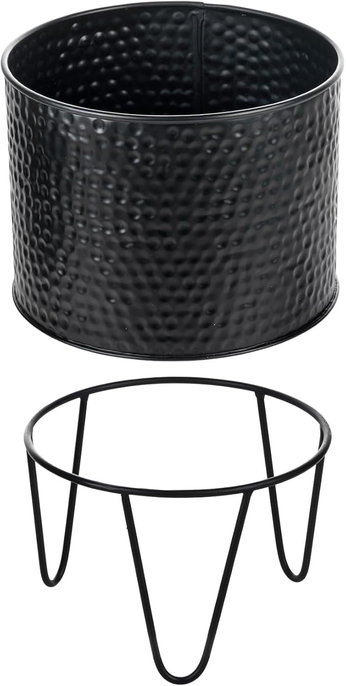 MyGift 8 and 10 Inch Modern Matte Black Metal Planter Pots with Pebbled Texture, Hammered Plant Containers with Matte Black Wire Stands, 2 Piece Set - Handcrafted in India