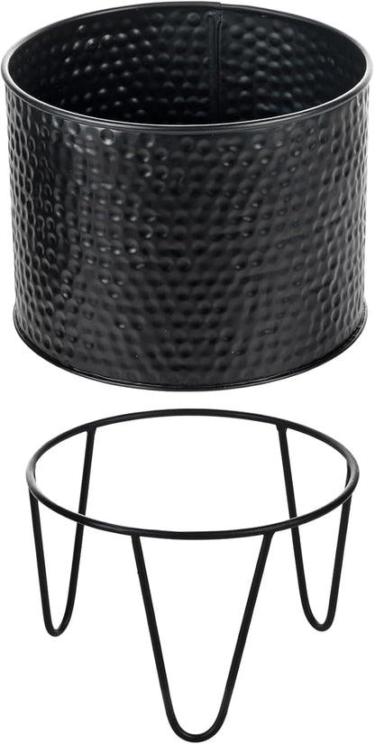MyGift 8 and 10 Inch Modern Matte Black Metal Planter Pots with Pebbled Texture, Hammered Plant Containers with Matte Black Wire Stands, 2 Piece Set - Handcrafted in India