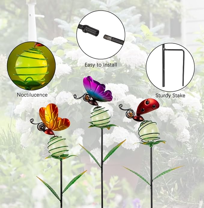 Stargarden Decorative Garden Stakes, 3 Pack Colorful Metal Garden Stakes, Luminous Butterfly Insect Metal Yard Art, Waterproof Garden Decor for Indoor, Outdoor