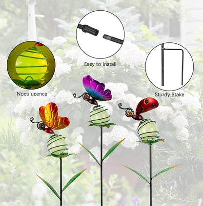 Stargarden Decorative Garden Stakes, 3 Pack Colorful Metal Garden Stakes, Luminous Butterfly Insect Metal Yard Art, Waterproof Garden Decor for Indoor, Outdoor