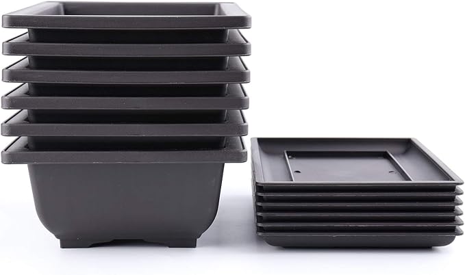 Yesland 6 Pack Bonsai Training Pots - 9 Inches Classic Deep Humidity Trays with Built in Mesh - Plastic Square Pot & Bonsai Plants Growing Pots