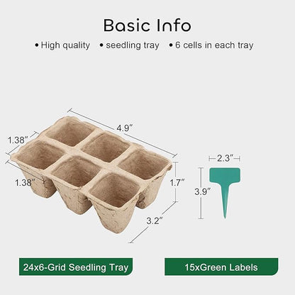 GROWNEER 144 Cells Peat Pots Seed Starter Trays 24 Packs Biodegradable Seedling Pots Germination Trays Organic Plant Starter Kit with 15 Pcs Plant Labels