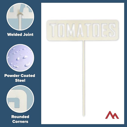 14” Tall Tomatoes White Powder Coated Steel Garden Plant Label Sign Durable Stake for Vegetable Herb Growing Yard Greenhouse for Outdoor Gift Made in USA