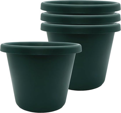 The HC Companies 8.5 Inch Classic Round Planter Pots with Drainage, Rolled Rim Plastic Planters for Indoor & Outdoor Plants, 4-Pack Decorative Flower Pots for Garden, Office & Home Decor, Evergreen