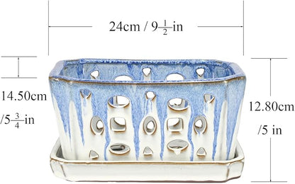 W&W Orchid Pot with Holes and Saucer for Repotting, Blue and White, 9.7 Inch