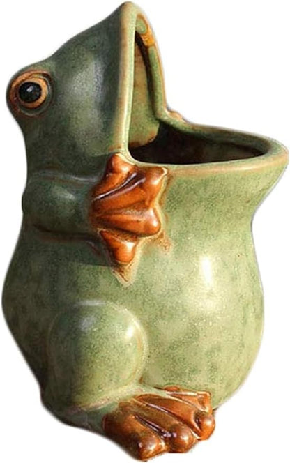Ceramic Succulent Plant Pot Cactus Plant Pot Flower Pot Container Planter with Drainage Hole Home Office Desk Garden Gift Idea Animal Shaped Flower Pot Cute Vase Pot (Large Frog)
