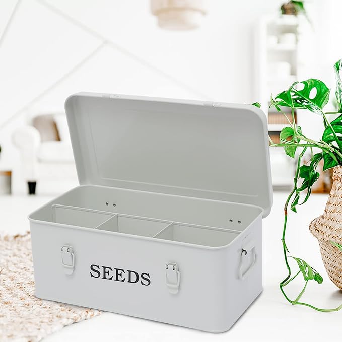 Seed Storage Box Metal Seed Container Seed Packet Storage Organizer, Seed Storage Container with Lid Seed Envelope Storage Box-4 Compartments Garden Seed Box with Safety Locks-White