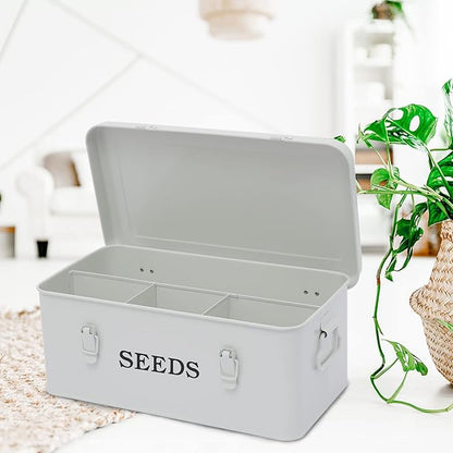 Seed Storage Box Metal Seed Container Seed Packet Storage Organizer, Seed Storage Container with Lid Seed Envelope Storage Box-4 Compartments Garden Seed Box with Safety Locks-White
