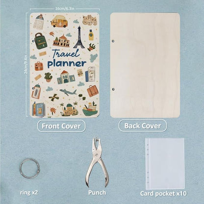 SUPERDANT Travel Planner Greeting Card Organizer Travel Journal Card Keeper Vacation Planner Cards Holder Wooden Keeper Binder Photo Album 2-Rings Cover 2-Rings Cover with Punch and 20 Inner Pockets
