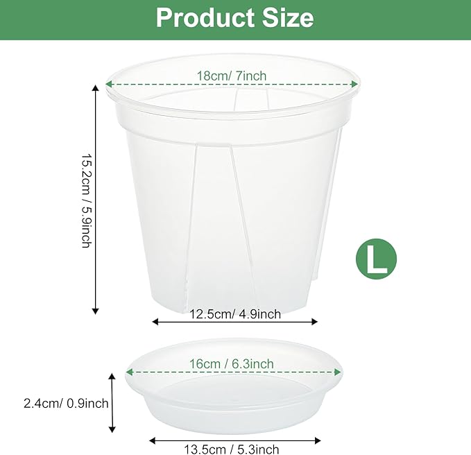 Plant Pots 7 inch Set of 3, Clear Plastic Nursery Pots with Drainage Holes and Saucers, Flowers Planter Pots for Indoor Outdoor Plants