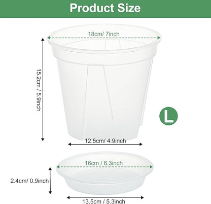 Plant Pots 7 inch Set of 3, Clear Plastic Nursery Pots with Drainage Holes and Saucers, Flowers Planter Pots for Indoor Outdoor Plants