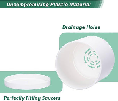 D'vine Dev 2 Pack 6 Inch Modern Plastic Plant Pots, Small Garden Planters for Plant with Drainage Holes and Saucers, White Color, 74-Z-J-1