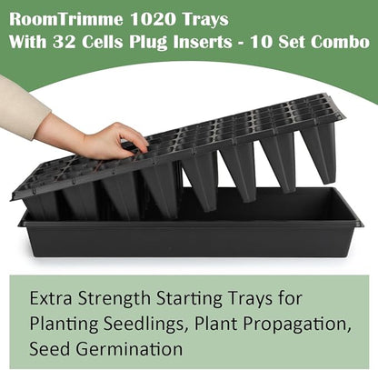 10 Pack 1020 Trays No Holes and 10 Pack 4.3" Deep 32 Cell Seed Starter Trays, 20" x 10" - Heavy Duty Plastic Nursery Flats for Seed Germination & Plant Propagation (10 Sets)