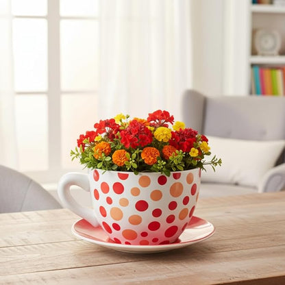 7.5" Round Ceramic Teacup Shape Planter Pot with Saucer for Succulents Orchids Herbs Cactus Indoor Houseplants Flowers for Valentines Day Gift – Orange Polka Dot Planter