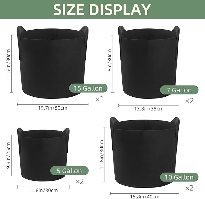 LITLANDSTAR 7 Pack Black Grow Bags, Thickened Nonwoven Plant Fabric Pots with 4 Sizes - 5/7/10/15 Gallon Aeration Planting Bags for Potato Tomato Carrot Strawberry