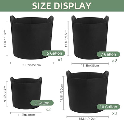 LITLANDSTAR 7 Pack Black Grow Bags, Thickened Nonwoven Plant Fabric Pots with 4 Sizes - 5/7/10/15 Gallon Aeration Planting Bags for Potato Tomato Carrot Strawberry