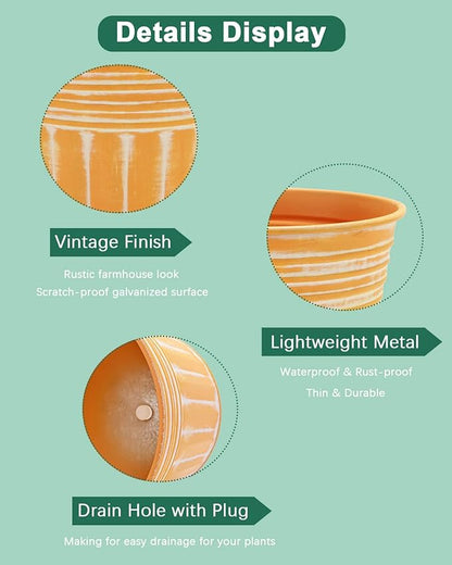 vensovo 4 Inch Orange Metal Rustic Flower Pots - 6Pcs Small Galvanized Planters with Drainage Hole and Rubber Plug, Rustproof Metal Bucket Plant Pots Farmhouse Vintage Style for Decor