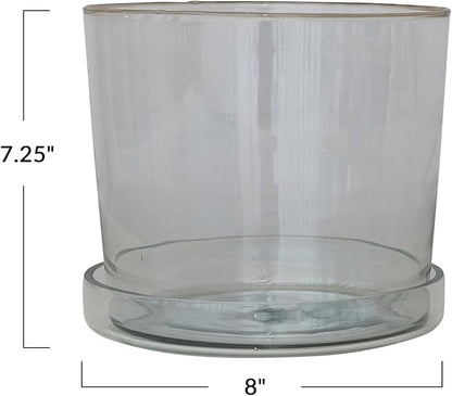Creative Co-Op Large Hand-Blown Glass Planter with Drainage Hole and Saucer, Clear