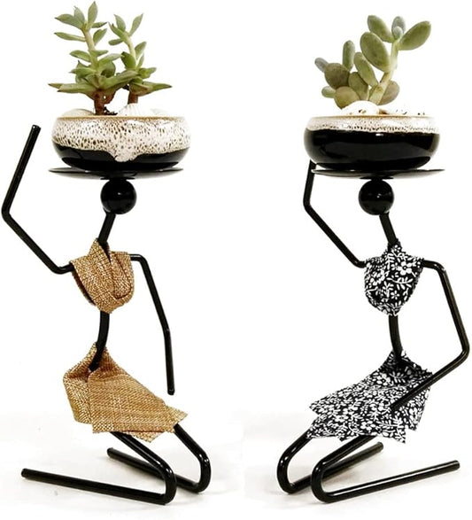 Plant Stand With Pot,Ceramic Flower Pot With Potting Stand,Elegant Succulent Flower Pot,Handmade Iron Potted Plant Stand, Kneeling Girl Indoor Desktop Ornament. (Floral fabric collection(yellow))