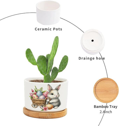 DreamAutumn Easter Bunny with Eggs Planter Ceramic Round Plant Pots with Drainage Holes and Bamboo Tray Planting Small Flower Pots for Home Windowsill Desk Garden Indoor Outdoor Use