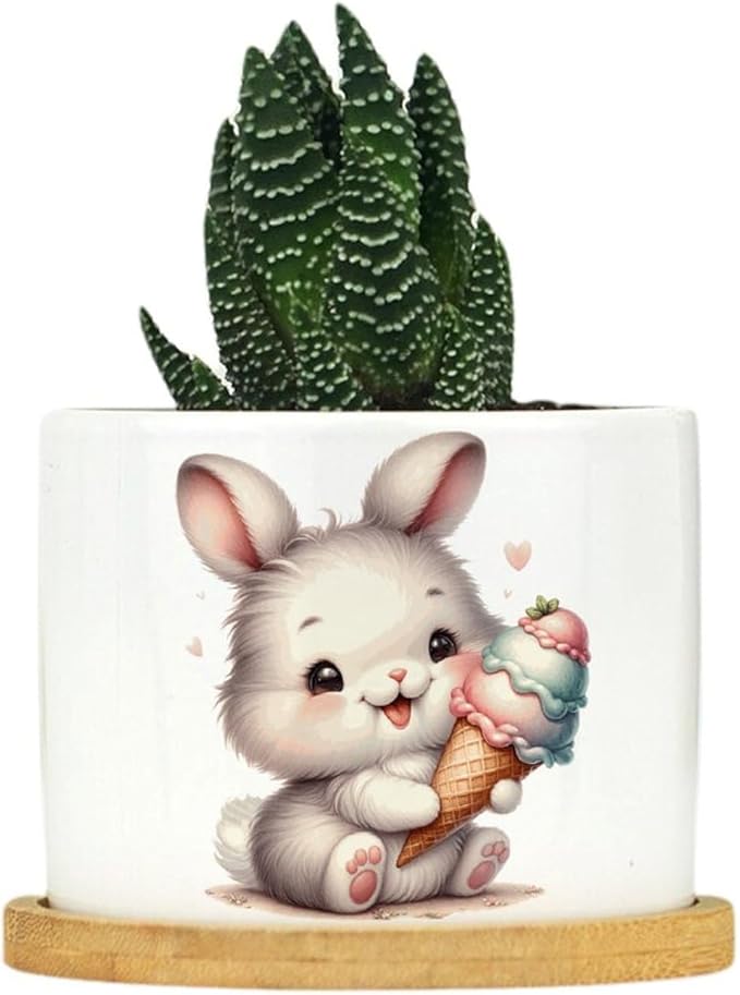 DreamAutumn Cute Easter Bunny Ceramic Pots for Plants with Drainage Holes Round Flower Pot Bamboo Tray Orchid Pot Succulents Pots for Outdoor Indoor Plants