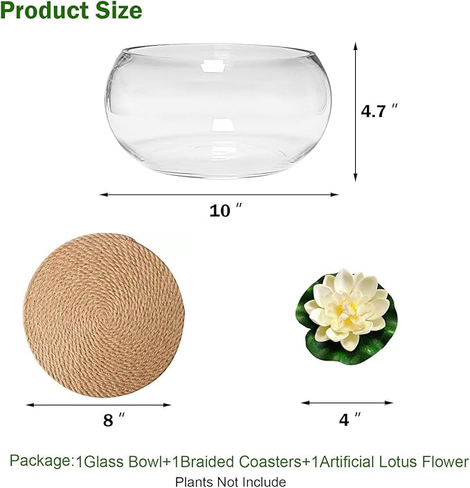 10-Inches Large Lotus Bowl Planter Clear Glass Lotus Flower Succulent Bowl Indoor Hydroponic Aquatic Plant Bonsai Terrarium Table Centerpiece Lotus Pot Can Double As a Fish Tank (Large)