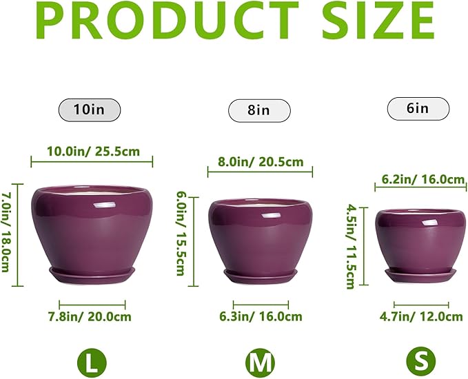 10+8+6 Inch Ceramic Plant Pots, Ceramic Planter for Indoor Outdoor Plants, Round Planter with Drainage Holes and Saucers, Indoor Flower Pots, Room Decor, Housewarming Gift, Set of 3, Purple