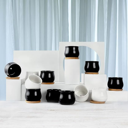 8 Pack Succulent Plant Pot, Matte Black Mini 2.6 inch Ceramic Flower Planter Pot with Bamboo Tray, Small Pots for Plants, Plants Not Included