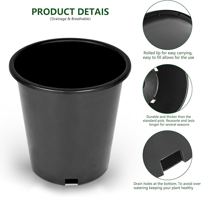 10-Pack 1.6 Gallon Round Planter Nursery Pots, Flower Plant Container Injection Molded Plastic Nursery Pots Gardening Pots for Indoor Outdoor Vegetables, Succulents, Black
