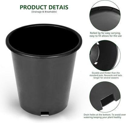 10-Pack 1.6 Gallon Round Planter Nursery Pots, Flower Plant Container Injection Molded Plastic Nursery Pots Gardening Pots for Indoor Outdoor Vegetables, Succulents, Black