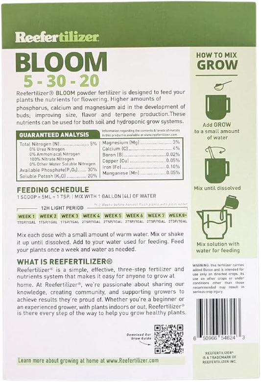 Reefertilizer® Bloom - NPK + Micronutrients for Plants in Flower | 1.1lb Canadian Dry Powder Fertilizer Flowering Nutrients Bloom Booster | 160 Feeding or up to 8 Plants