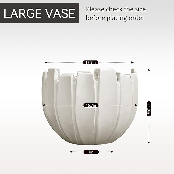 Large Round Planter with Drainage Hole, 11.8''H × 15.8''D Sphere Indoor Plant Pot, Modern Flower Pot for Outdoor Garden Patio Home, Wavy Rim Design, White