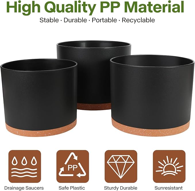 GARDIFE 10/9/8 Inch Modern Cylinder Planter, Plant Pots for Indoor Outdoor Plants, Flower Pots with Drainage Holes and Saucers for Garden Succulent Nursery House Plants (Black-Brown)