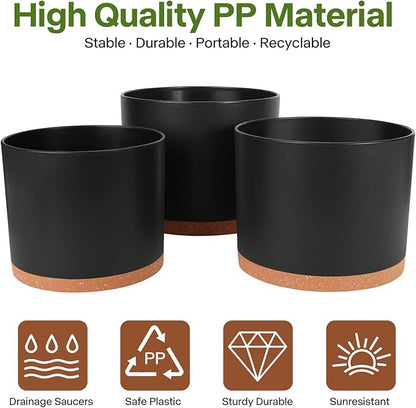 GARDIFE 10/9/8 Inch Modern Cylinder Planter, Plant Pots for Indoor Outdoor Plants, Flower Pots with Drainage Holes and Saucers for Garden Succulent Nursery House Plants (Black-Brown)