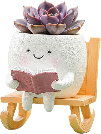 Adorable Smiley Face Reading Flower Pot, Unique Rocking Chair-Style Resin Plant Pot with Drainage Holes, Suitable for Indoor/Outdoor Planting and Home Decor (A)
