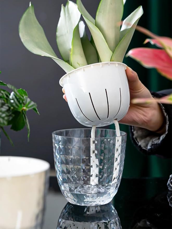 4 Pack 4 inch Self Watering Pots Planters for Indoor Plants, African Violets Pots with Wick Rope, Modern Plastic Nursery Pots for All House Plants,Flowers Succulents,Herbs,Cactus,Orchids
