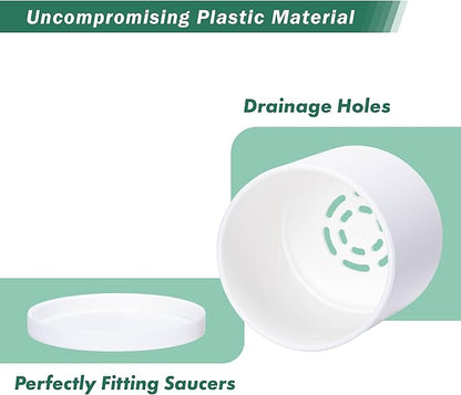 D'vine Dev 6 Pack 4.5 Inch Modern Plastic Plant Pots, Small Garden Planters for Plant with Drainage Holes and Saucers, White Color, 74-Z-F-3