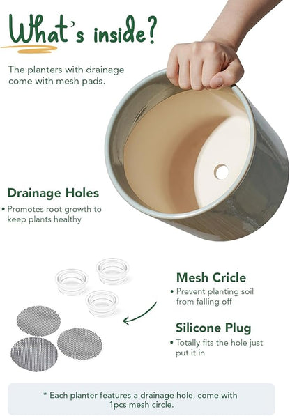LE TAUCI Ceramic Pots for Plants, 10/8/6 Inch Indoor Planters with Draiange Hole, Silicone Plug & Mesh Pad, Modern Minimalist Pots for Home Office, Set of 3, Glossy, Mist Gray