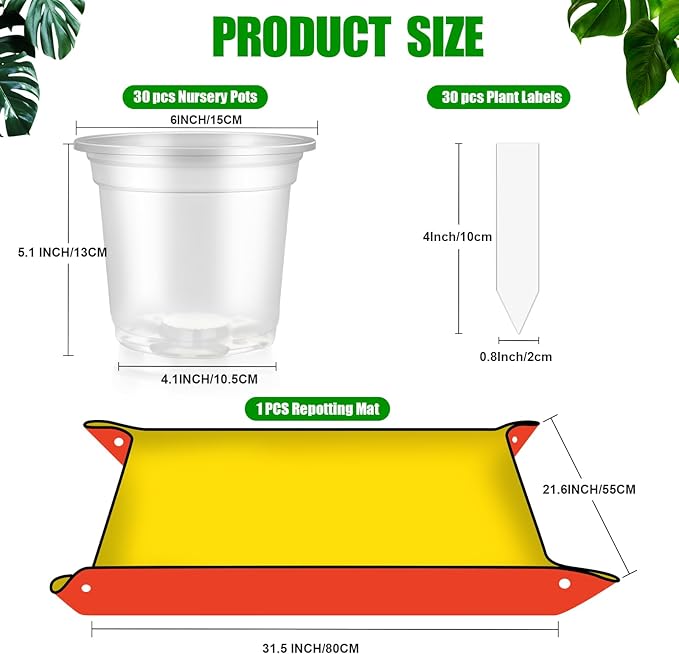 30Pcs Plastic Plant Pots with Repotting Mat,6 Inch Clear Nursery Pots with Drainage,Clear Nursery Pots with 30pcs Plant Labels,29inch*39inch PE Planting Mat for Indoor Garden Plants