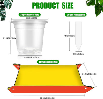 30Pcs Plastic Plant Pots with Repotting Mat,6 Inch Clear Nursery Pots with Drainage,Clear Nursery Pots with 30pcs Plant Labels,29inch*39inch PE Planting Mat for Indoor Garden Plants
