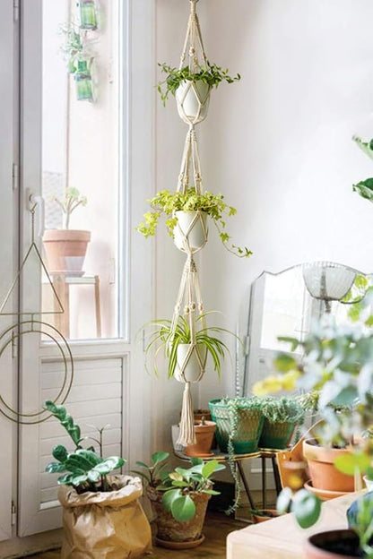 Mkono Macrame Plant Hanger 3 Tier Indoor Outdoor Hanging Planter Basket Cotton Rope with Beads 70 Inches (Pots and Plants NOT Included)