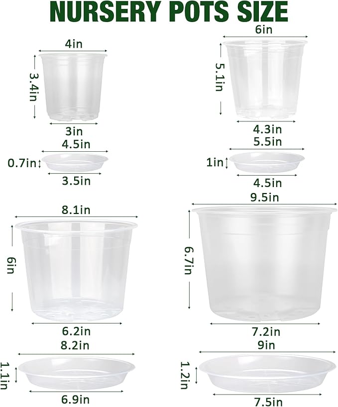 10/8/6/4 Inch Clear Nursery Pots with Drainage Holes and Saucers, 12 Pack Clear Pots for Plants Variety Pack, Seedling Pots for Succulents, Herbs, Flowers, Vegetables