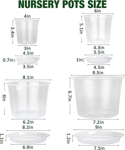 10/8/6/4 Inch Clear Nursery Pots with Drainage Holes and Saucers, 12 Pack Clear Pots for Plants Variety Pack, Seedling Pots for Succulents, Herbs, Flowers, Vegetables