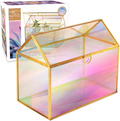 D'Eco Iridescent Glass House Centerpiece (10x6x8) - Table Planter Terrarium - Valentine's Day Home Decor & Wedding Letterbox - Fill with Succulents, Moss, Roses & Chocolates - Valentines Gift for Her