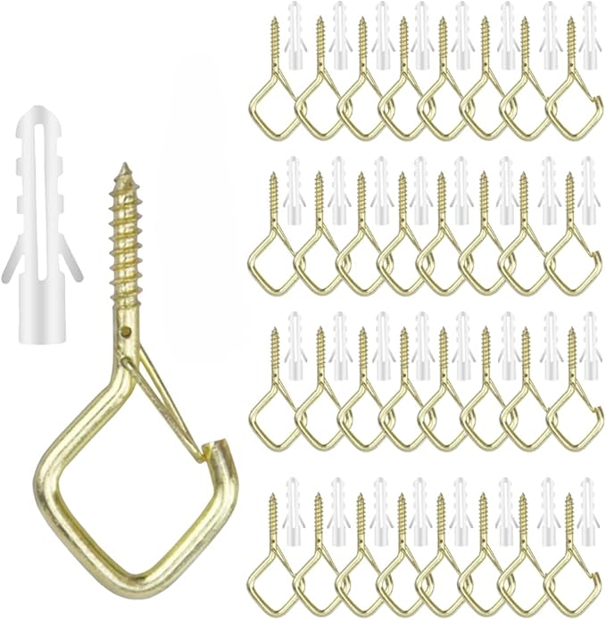 12-Pack Heavy-Duty Golden Screw Eye Hooks with Safety Clips | Metal Ceiling Hooks for Hanging Plants, Wind Chimes, Bird Feeders & Indoor/Outdoor Lights